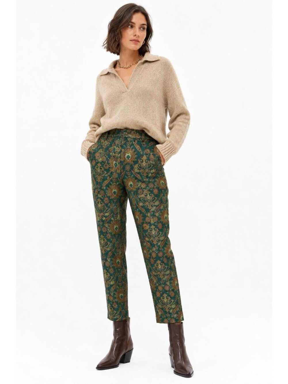 Anthropologie Maeve Melyssa Floral Jacquard Metallic Green Trousers XL ankle